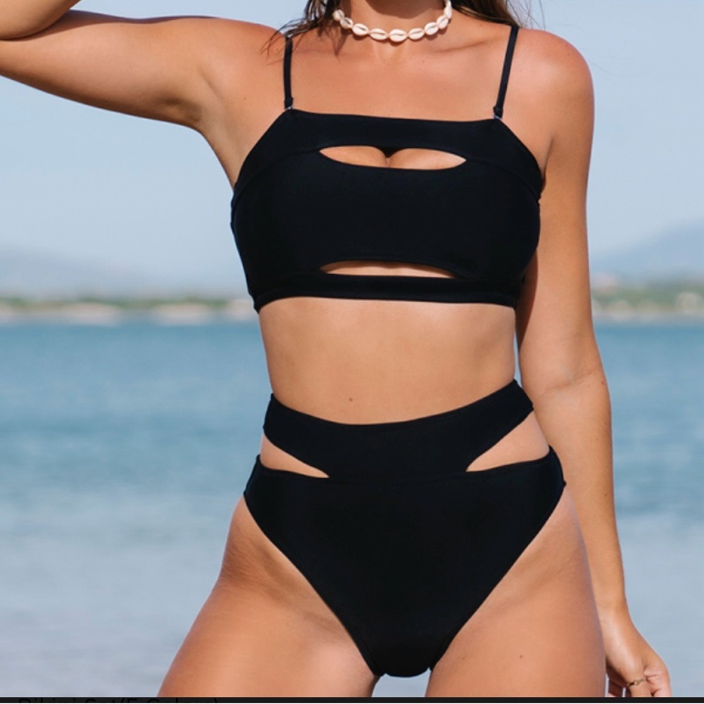 Black Bandeau Cutout High Waist Black Bikini Set